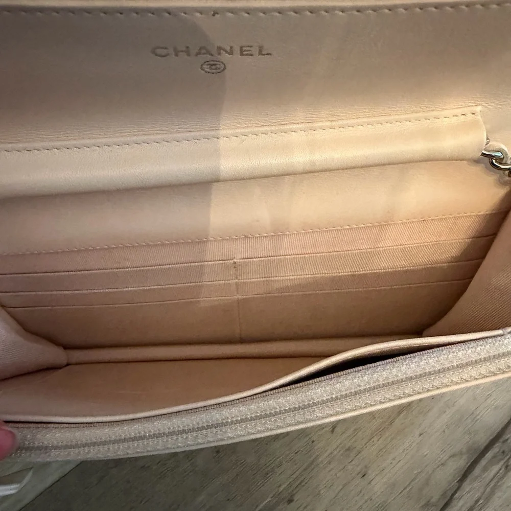CHANEL Patent Leather WOC Crossbody Flap Bag Beige / Pink